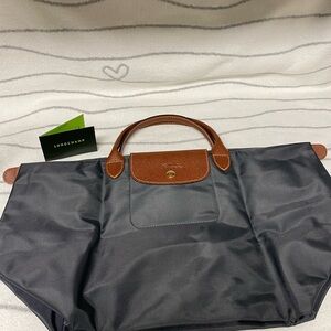 Longchamp Le Pliage Gray Tote with Brown Accents